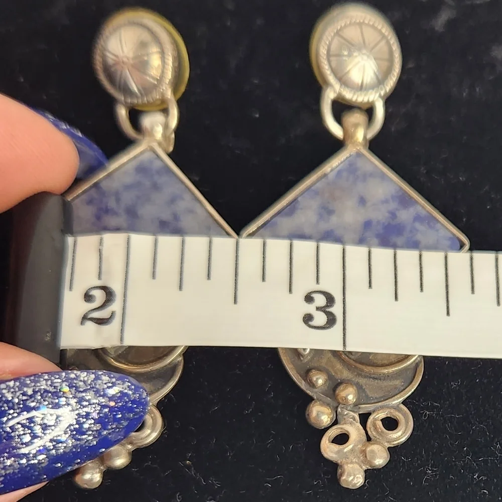 Stamped vintage 925 silver/Sodalite tile modern design handcrafted earrings - Picture 4 of 5